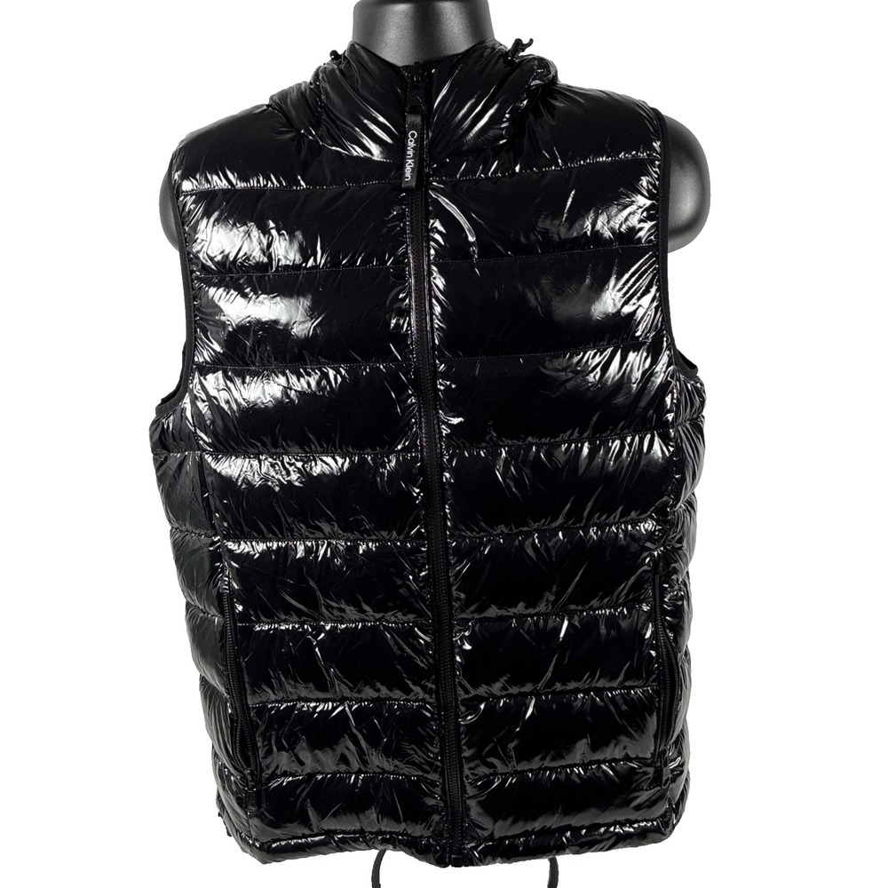 New Mens Calvin Klein Hooded Shiny Black Puffer Vest Jacket Size Medium NWOT